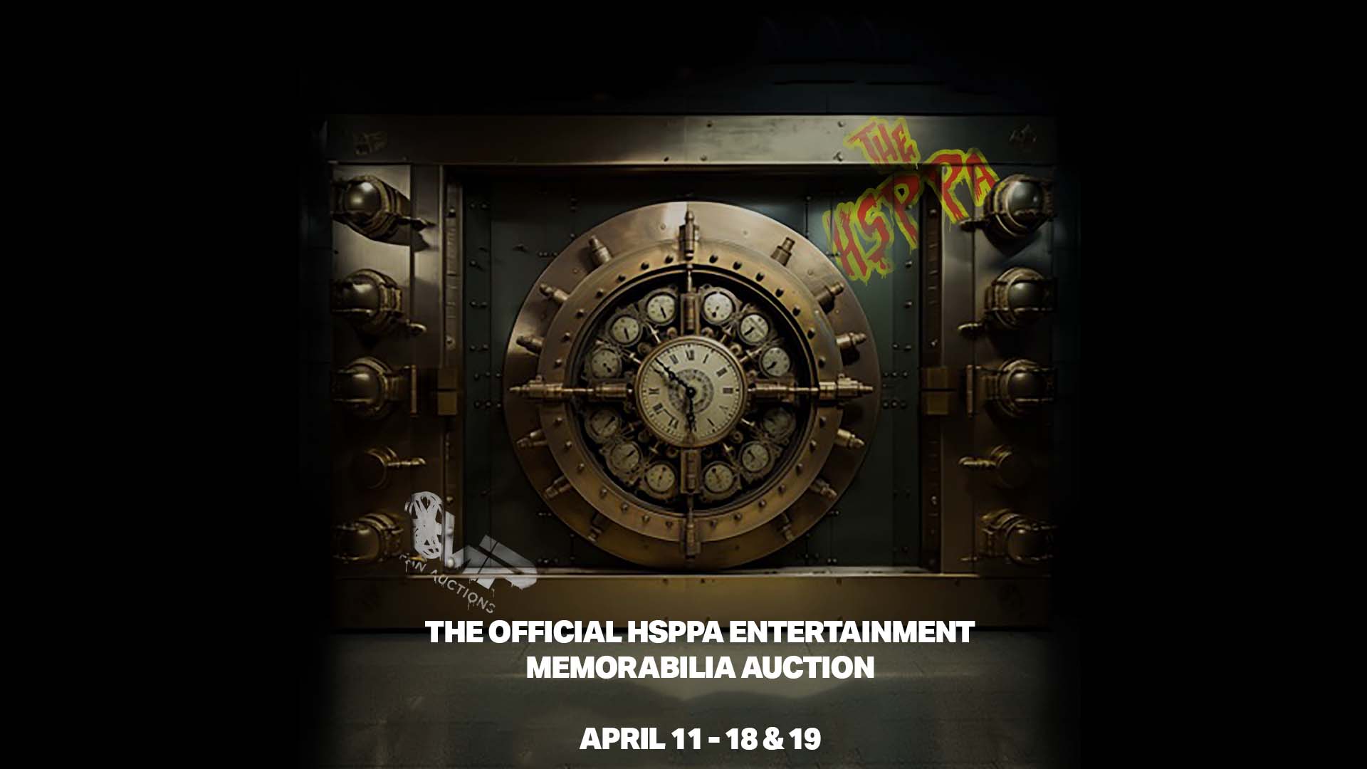 Official 'The HSPPA' prop and costume auction key art featuring props and costumes from titles like "The Terminator", "Interstellar", and more.