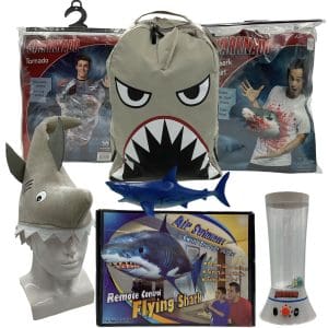 Lot #353: Sharknado Franchise (2013-2018) Promotional Shark Backpack, Shark Hat, Tornado Costume, 3d Shark Shirt, Flying Shark, Tornado Toy & Signed Shark
