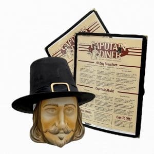 Lot #392: Thanksgiving Production Used Pilgrim Mask, Pilgrim Hat & Menu Set