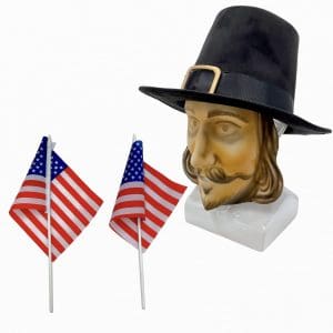 Lot #393: Thanksgiving Production Used Pilgrim Mask, Pilgrim Hat & Flag Set