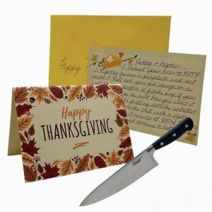 Lot #398: Thanksgiving Sheriff Newlon Patrick Dempsey Production Used Happy Thanksgiving Card & Knife