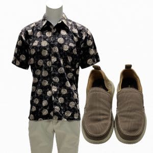 Lot #115: The Iron Claw Kevin Von Erich Zac Efron Screen Worn Button-Up Shirt, Pants & Loafer Shoes Ch 66 Sc 156, 162