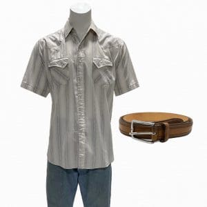 The Iron Claw Fritz Von Erich Holt McCallany Screen Worn Short Sleeve, Button-Front Shirt, Belt & Jeans Ch 2, 39 Sc 5, 6, 149