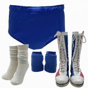 Lot #197: The Iron Claw Harley Race Screen Worn Stunt Double Elastic Waist Shorts, Knee Pads, Socks & Lace-Up Boots Ch 1 Sc 451