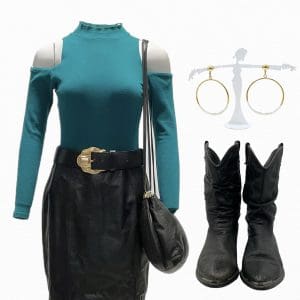 Lot #14: The Iron Claw Tania Chelsea Edmundson Screen Worn Body Suit, Skirt, Belt, Earrings, Boots & Shoulder Strap Purse Ch 1 Sc 1432