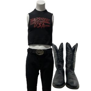 Lot #35: The Iron Claw Buddy Roberts / NWA 6 Man Opponent #3 Devin Imbraguglio Screen Worn Shirt, Button-Front Pants, Belt & Boots Ch 2 Sc 66