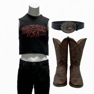 Lot #136: The Iron Claw Michael Hayes / NWA 6 Man Opponent #1 Michael Proctor Screen Worn Shirt, Button-Front Pants, Belt & Boots Ch 2 Sc 66