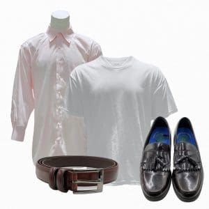 The Iron Claw Bill Mercer Michael Harney Screen Worn T-Shirt, Long Sleeve, Button-Front Shirt, Belt & Dress Shoes Ch 1, 2 Sc 17- 18, 35