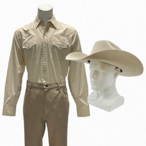 Lot #29: The Iron Claw Fritz Von Erich Holt McCallany Screen Worn Long Sleeve, Button-Front Shirt, Zip-Front Pants & Cowboy Hat Ch 8 & 28 Sc 37,38 – 115, 116