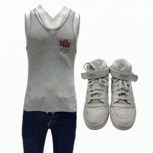 Lot #13: The Iron Claw Kerry Von Erich Jeremy Allen White Screen Worn Tank Top, Jeans & Sneakers Ch Multiple Sc Multiple