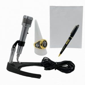 Lot #1: The Iron Claw Bill Mercer Michael Harney Screen Used Microphone W/ Stand, Notepad W/ Pen & Ring Set