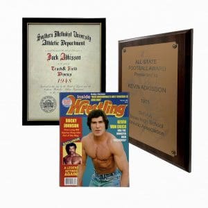 Lot #164: The Iron Claw Von Erich Family Screen Used Kevin’s Magazine, Kevin’s Award & Jack’s Certificate
